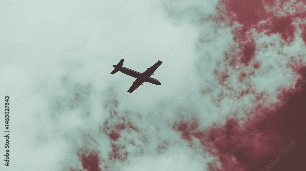 Naklejka premium Low-angle view of a plane in a cloudy sky.