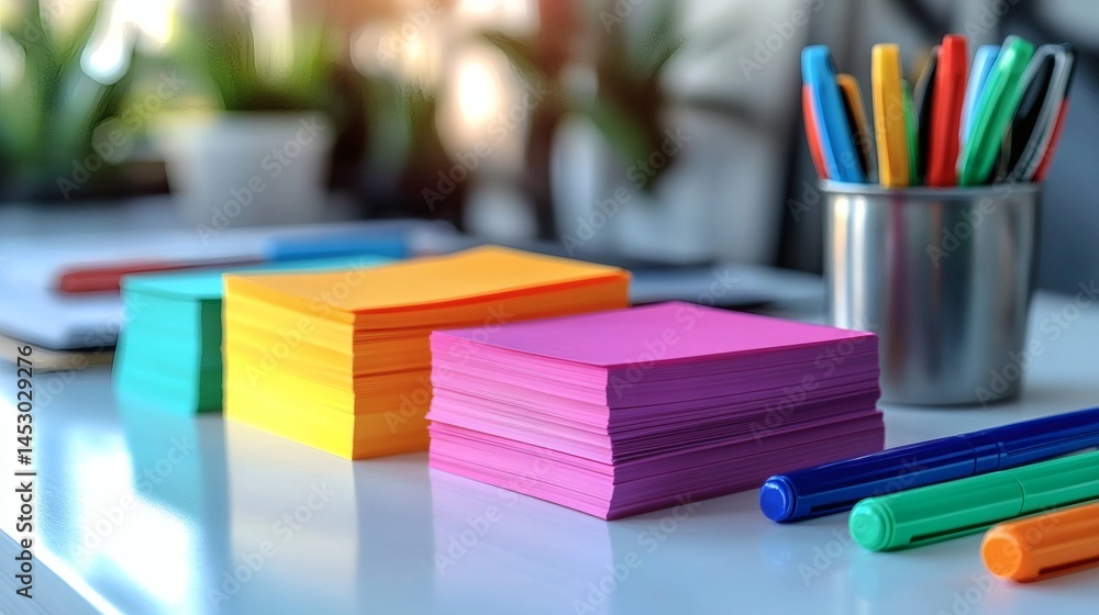Arrangement of colorful note papers, pens in a metal holder, tabletop organization with stationery items on a transparent background, PNG image, PNG file. Arrangement of colorful note papers, pens in a metal holder, tabletop organization with stationery items on a transparent background, PNG image, PNG file.