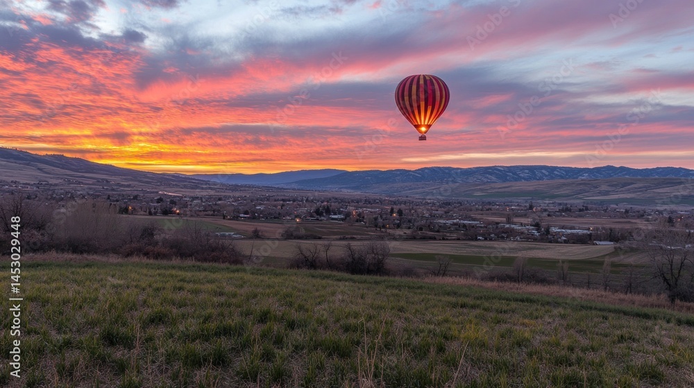 Fototapeta premium Hot air balloon soaring over valley at sunrise