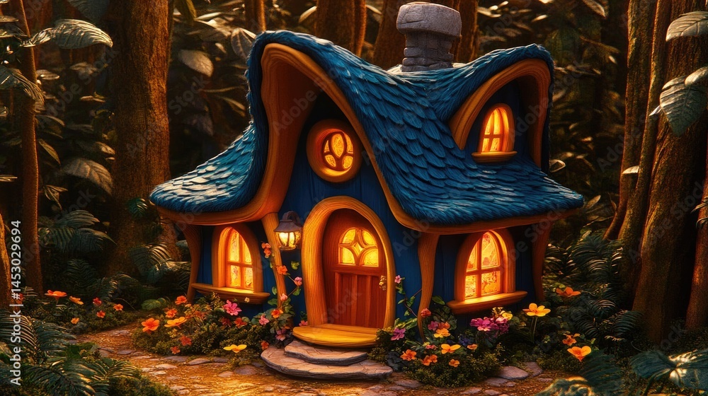 Fototapeta premium Enchanted miniature cottage nestled within a magical forest.