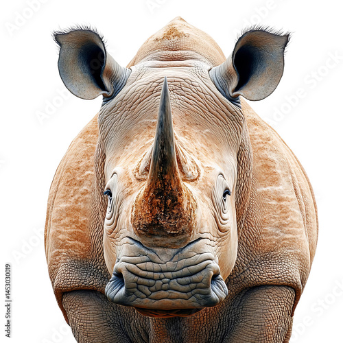 Magnificent Rhinoceros Portrait: A striking front view of a rhinoceros, highlighting the textures of its tough hide and iconic horn, is a powerful image showcasing the beauty of the wild. photo