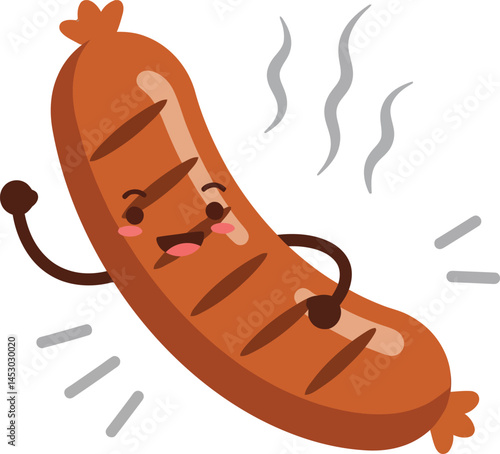 Sausage Character Smiling and Flexing Arm with Steam Illustration in Fun Cartoon Style 