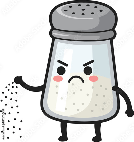 Angry salt shaker cartoon character shaking black salt grains in playful vector illustration 