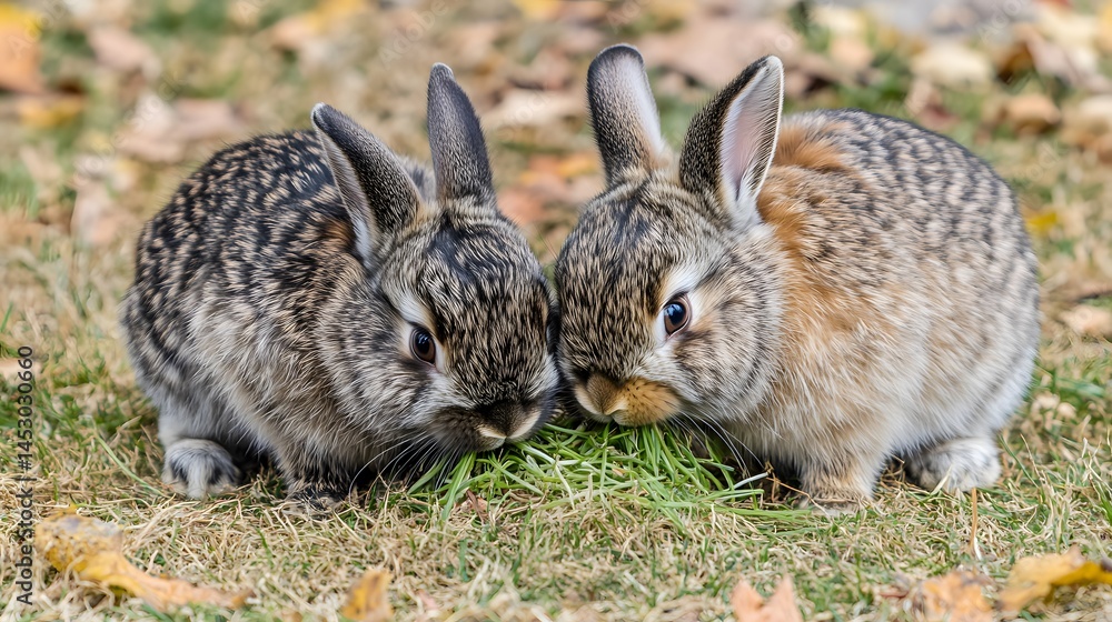 Fototapeta premium Adorable Baby Rabbits Eating Grass in Autumn