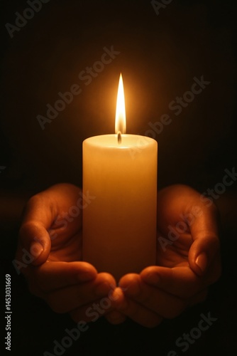 Burning candle held in hands symbolizing memory and hope in dark surroundings