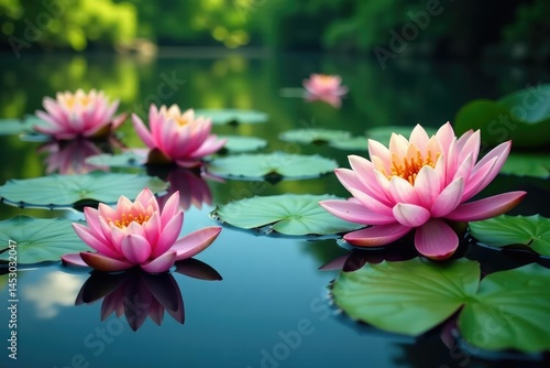 Water lilies and blossoms create a floral pattern on still lake, background, colorful, wallpaper