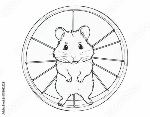 Hand-Drawn Line Art of a Hamster in a Wheel, Cute and Whimsical Illustration for Pet Supply Stores and Children's Products.