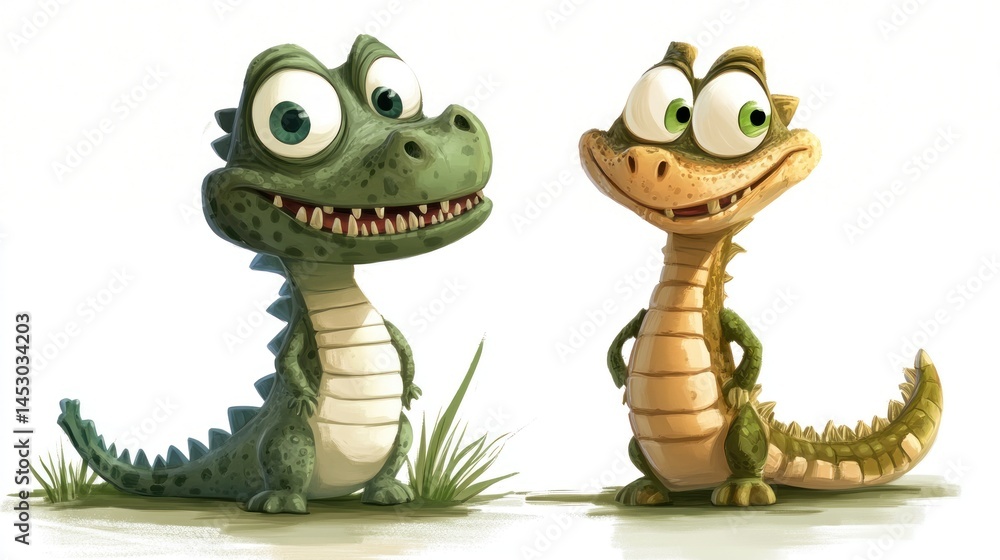 Fototapeta premium Two cartoon crocodiles, friendly and playful