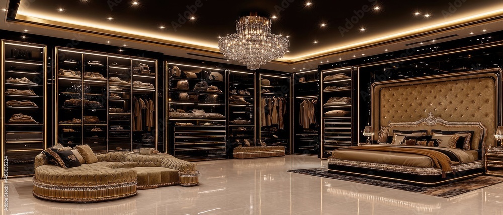 Luxurious bedroom with elaborate walk-in closet.