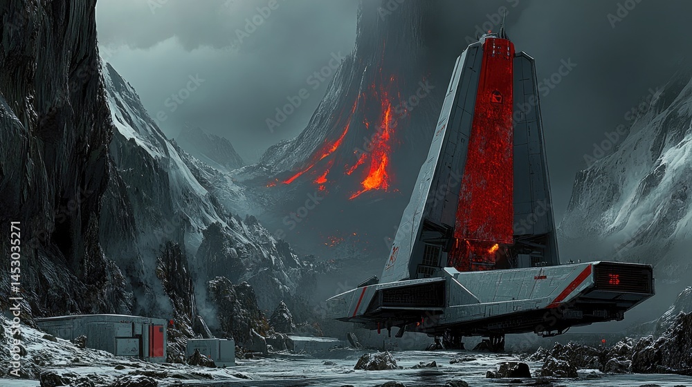 A futuristic craft near a volcanic mountain pass.
