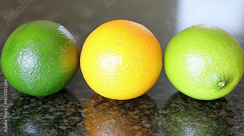 Three vibrant citrus fruits in a row.