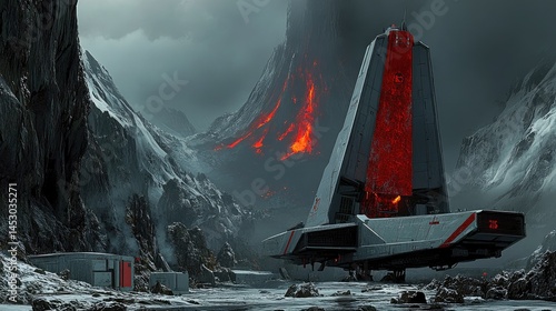 A futuristic craft near a volcanic mountain pass.