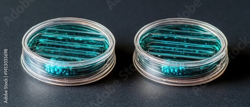 Obraz na płótnie Two petri dishes with teal liquid and small particles. w salonie