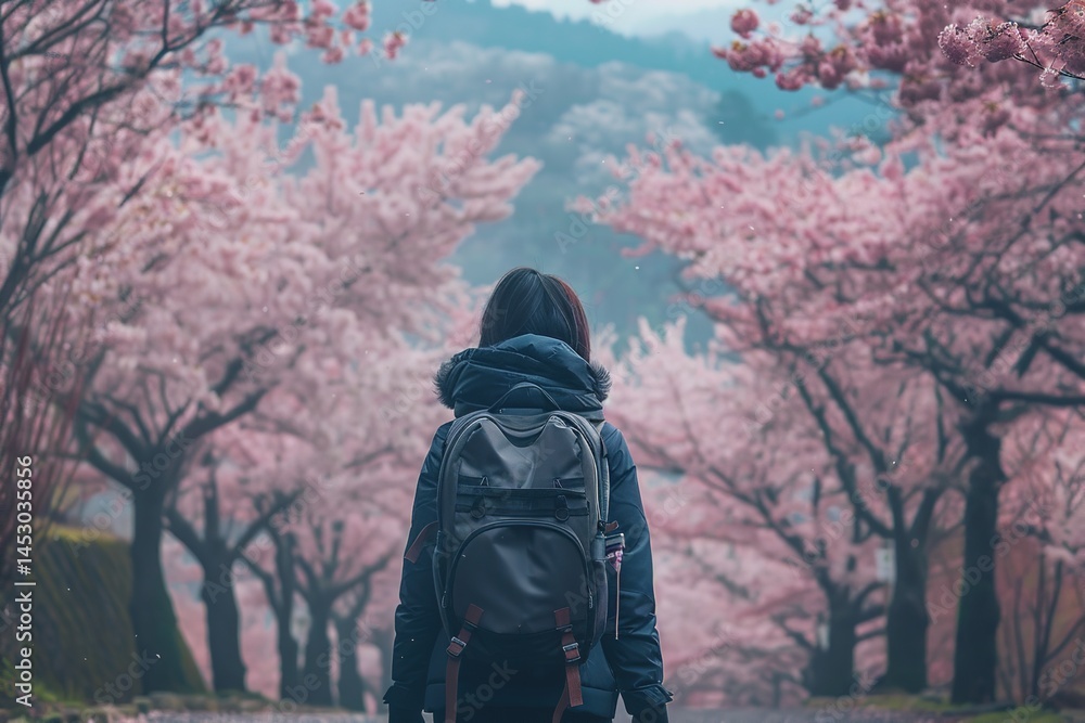 back view woman in jacket and with backpack standing in spring park among blooming trees with pink cherry blossoms back view woman in jacket and with backpack standing in spring park among blooming trees with pink cherry blossoms