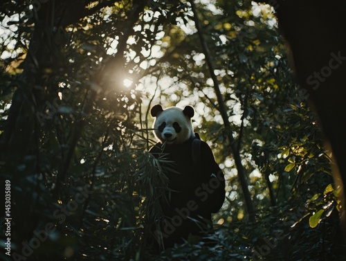 Obraz na płótnie A solitary panda's figure within a lush forest scene. w salonie