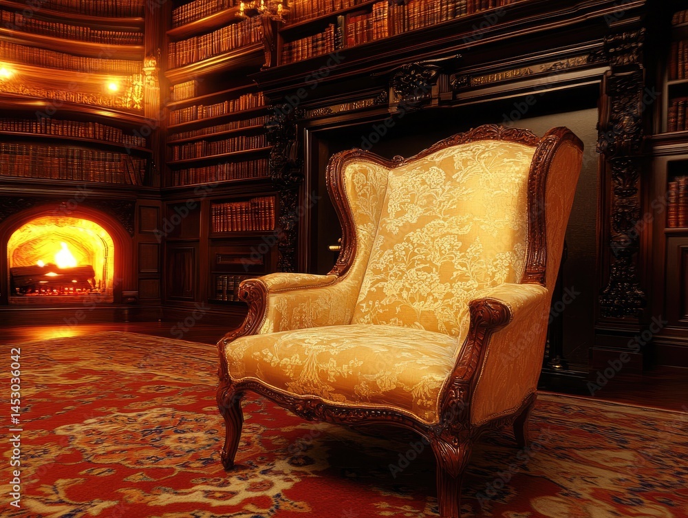 Ornate wingback chair in a luxurious library interior.