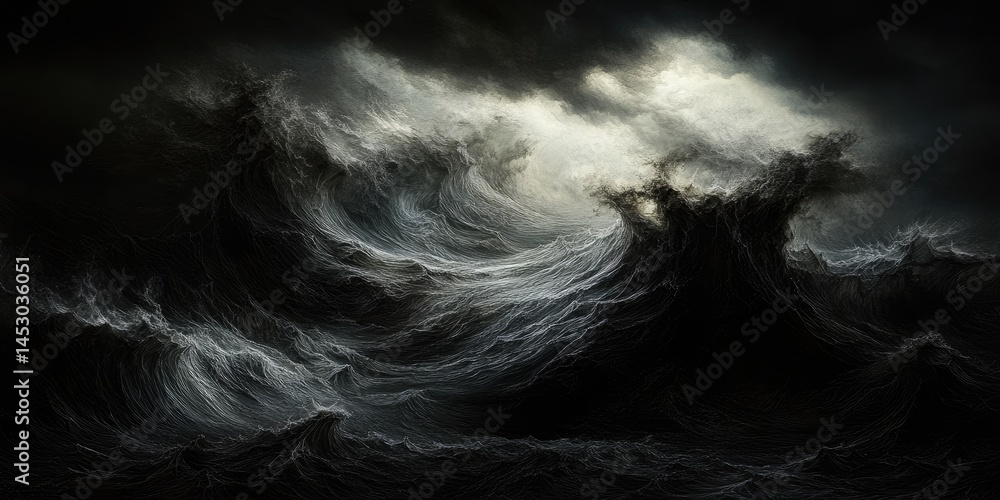 A dramatic portrayal of turbulent, dark ocean waves.
