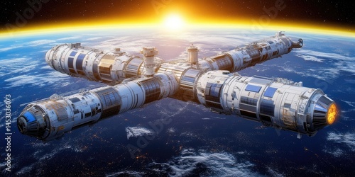 Large space station orbiting earth.