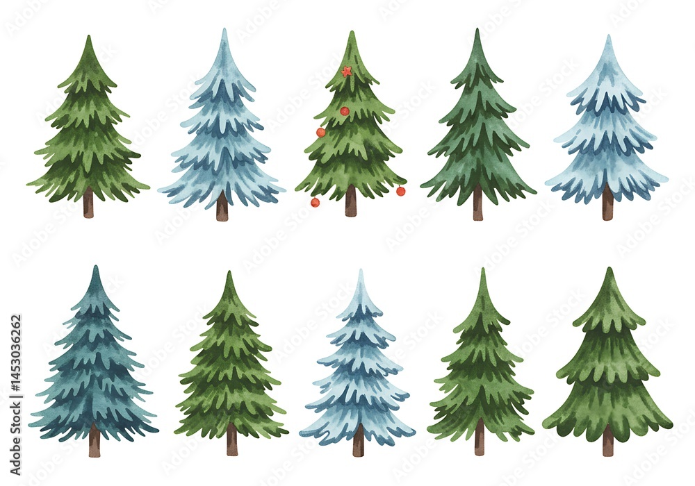 Obraz premium Winter Wonderland: Twelve Watercolor Christmas Trees AI Generated
