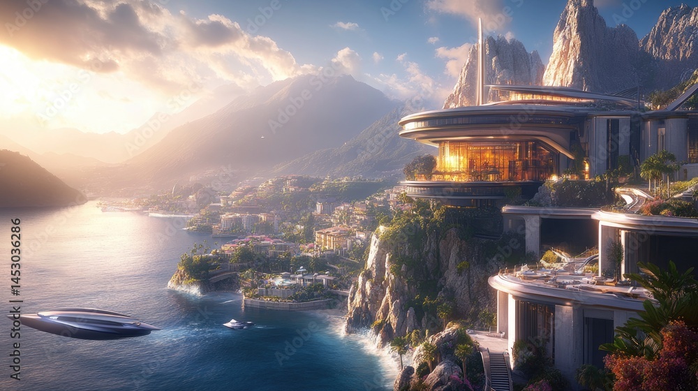 Spectacular futuristic cityscape overlooking a tranquil lake.