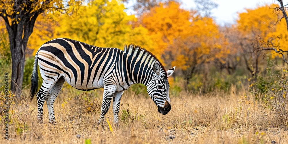 Zebra grazing in autumnal savanna landscape