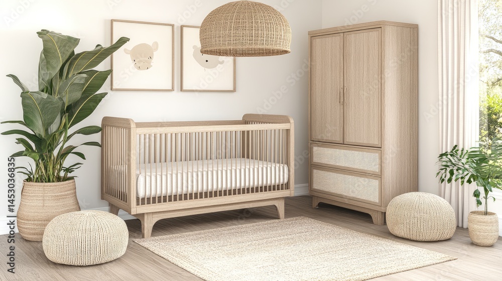 Light-toned nursery furniture set with woven accents.