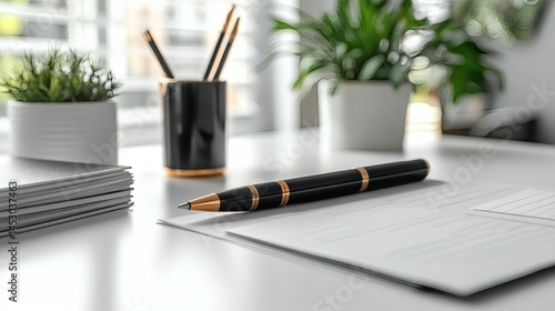 Wallpaper Mural Elegant black and gold pen resting on blank paper sheets with plant and pencils near window, providing space for text on a transparent background, PNG image, PNG file. Torontodigital.ca