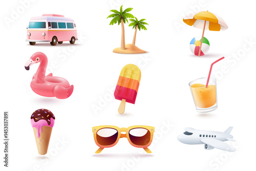Colorful summer objects set in 3d style: a van, tropical island with palm trees, beach ball, umbrella, flamingo float, ice cream, popsicle, drink, sunglasses, and airplane. Vector illustration