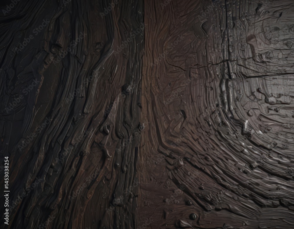 Fototapeta premium Dark, heavily textured wood; deep shadows, visible grain, vintage wood, dark background