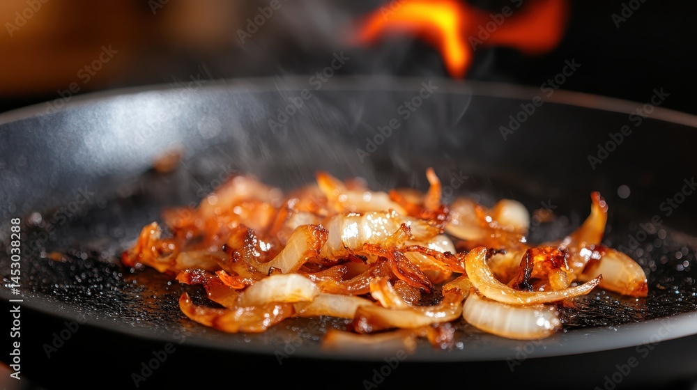 A mesmerizing close-up of perfectly sautéed golden-brown onions with heat emanating, capturing the magic of cooking that enhances everyday meals with vibrant flavors. A mesmerizing close-up of perfectly sautéed golden-brown onions with heat emanating, capturing the magic of cooking that enhances everyday meals with vibrant flavors.