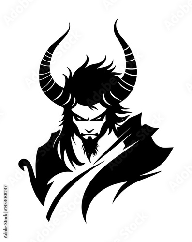 dark horned demon warrior vector portrait in black and white style