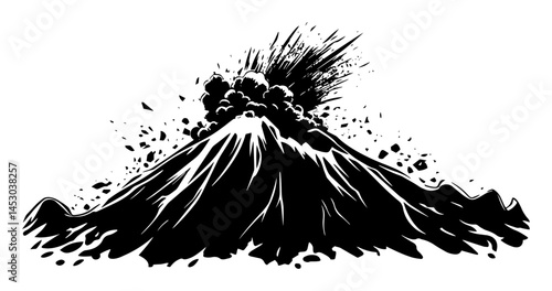 erupting volcano vector illustration in black and white engraving style