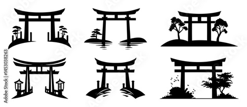 torii gate vector set with japanese landscape elements in black and white