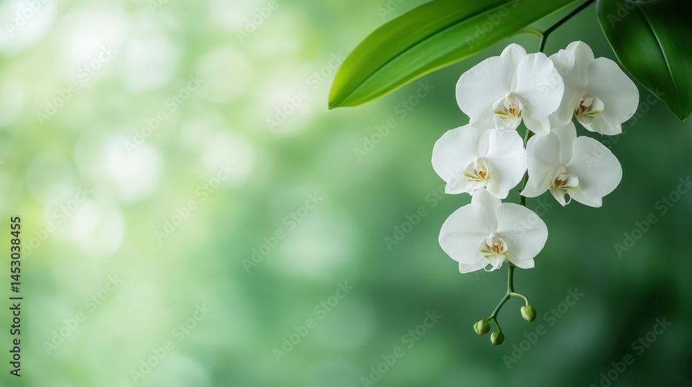 An artistic display of blooming white orchids against a rich green background, highlighting their delicate petals and creating a serene interplay of colors in nature's composition.