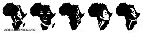 african woman portraits in africa map silhouette set