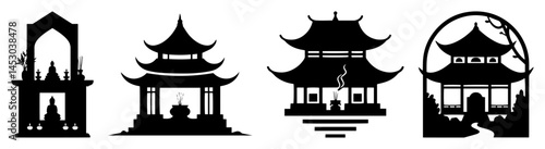 set of asian temples and pagodas silhouette