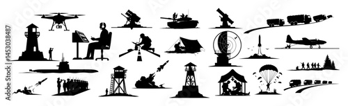 military equipment and operations silhouette icon set