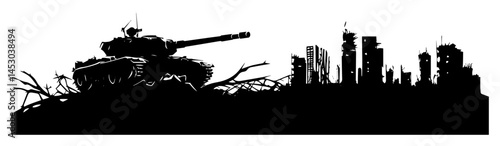 tank in destroyed city battlefield silhouette