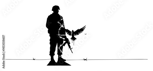 soldier silhouette with rifle, barbed wire and bleeding dove