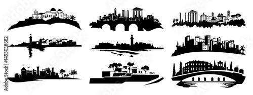 collection of cityscape silhouettes with famous landmarks and buildings