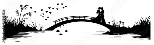 romantic couple on bridge over river silhouette