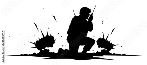 soldier with radio under explosion silhouette