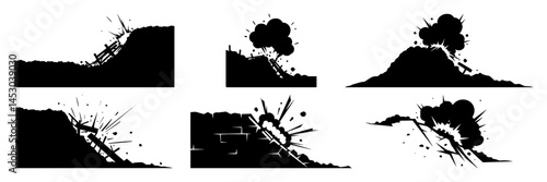 collection of hillside explosions with smoke clouds and debris silhouette