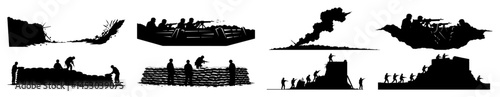 set of war and military scenes with tanks, soldiers and explosions silhouette