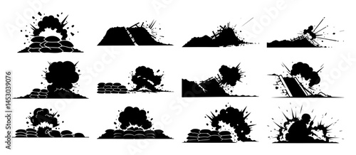 explosion and battle silhouette icons set