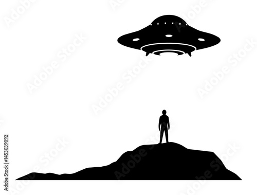 silhouette of person facing ufo on hill