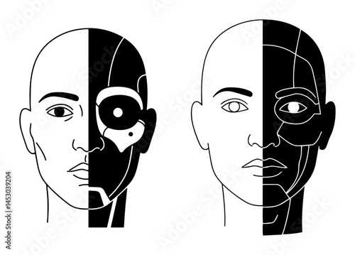 split human and cyborg faces in black and white silhouette