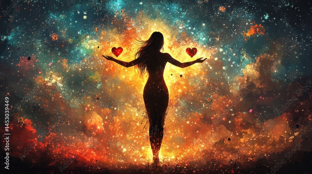 Naklejka premium Cosmic Love: A Woman's Embrace of Celestial Hearts