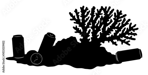 silhouette of coral reef polluted with metal cans
