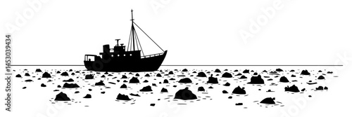 silhouette of fishing boat at sea surrounded by floating trash